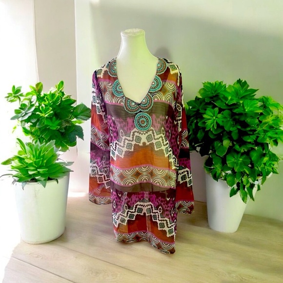 ALIA Women’s Sheer Beaded Blouse, Boho Chic Size XL - Picture 1 of 8